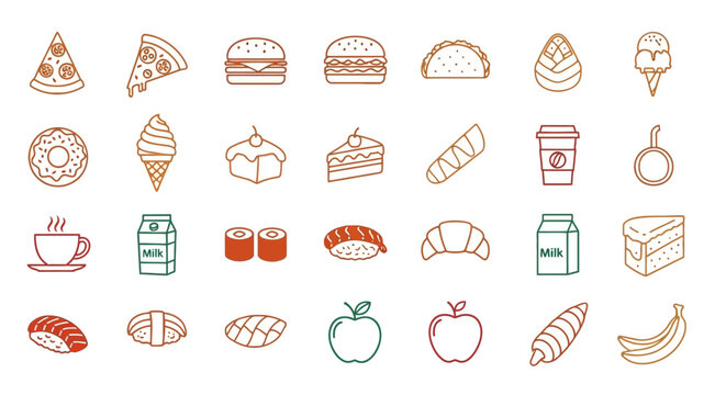 Colorful food and drink icons set.