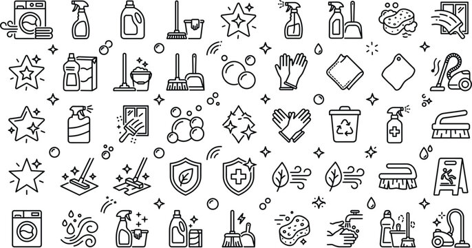 Cleaning service and household hygiene line icon collection featuring sanitation supplies washing tools and domestic maintenance illustration