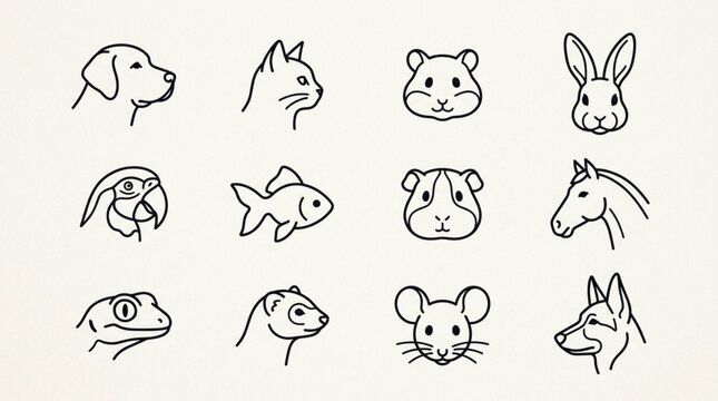 Collection of Hand Drawn Animal Portraits in Simple Sketch Style.
