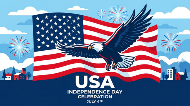 Bald eagle flying over american flag on independence day with fireworks and cityscape