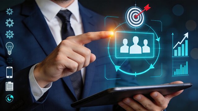 Executive pointing at digital target audience icon on tablet, strategic marketing planning and business growth analytics dashboard concept.