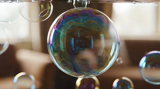 Iridescent soap bubbles floating in the air with rainbow swirling colors inside a bright living room.