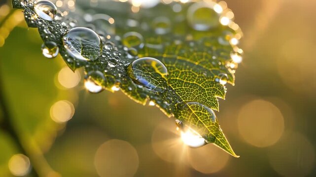 Macro close up of fresh dew droplets on a green leaf in golden morning light