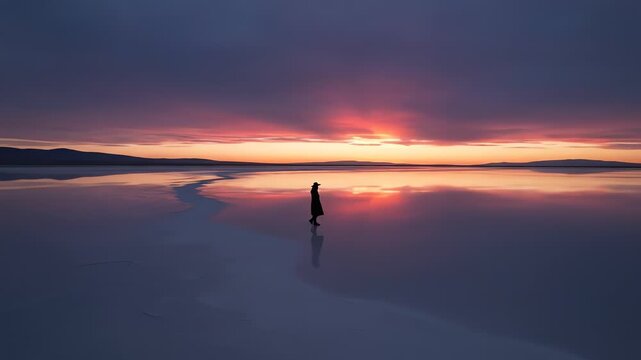 Silhouette of a person walking on a reflective salt flat during sunset, featuring dramatic purple clouds mirrored in the water.