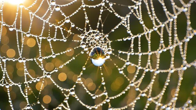 Sparkling dew drops on a spider web reflect golden morning sunlight. Macro view of a cobweb covered in crystal water droplets with beautiful flares and bokeh at dawn.