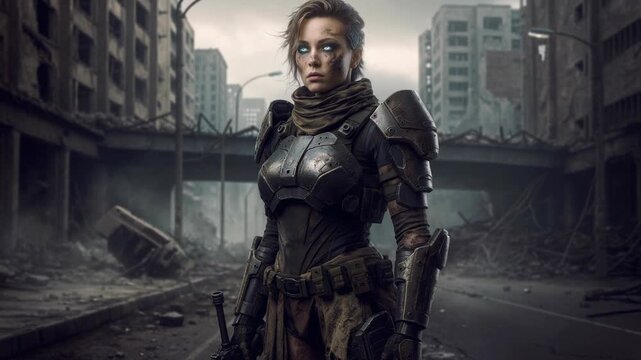 Post apocalyptic female warrior in futuristic armor standing in destroyed urban battlefield with glowing eyes