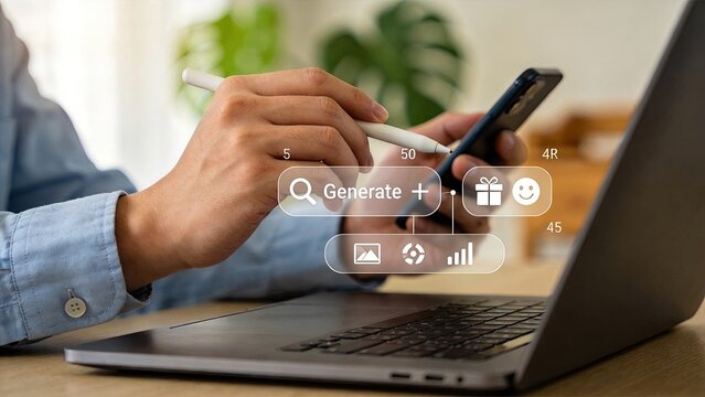 Content generation and AI tool interface on mobile device, user creating digital assets with search and generate buttons for social media or web design projects.