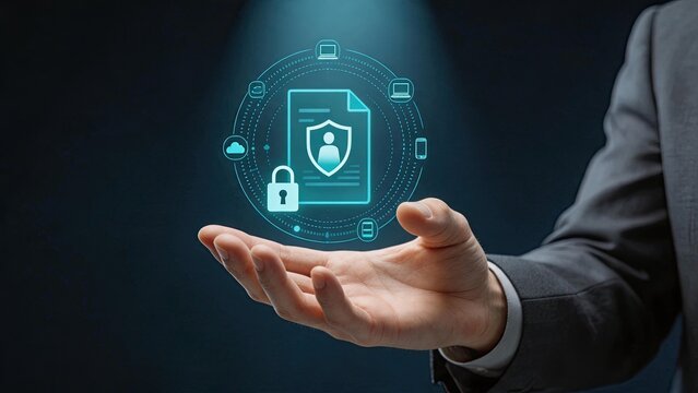 Cyber security and data protection concept with hand holding holographic shield icon over document, representing privacy, encryption and safe information storage.