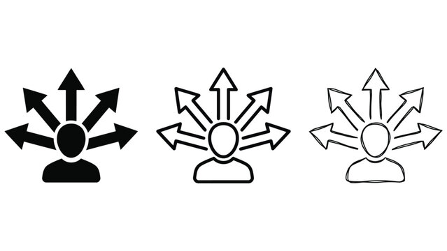 Decision making person with multiple direction arrows icon set for career path and strategy planning - stock graphic.