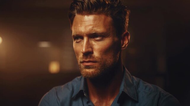 Portrait of a serious man with beard in moody warm lighting looking away thoughtfully