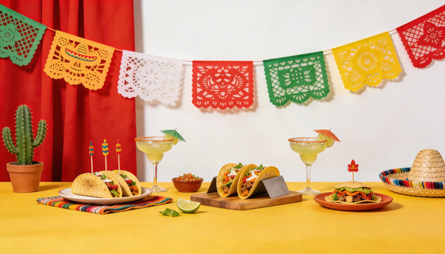 Modern cinco de mayo mockup with colorful taco and margarita setup on yellow table with festive decoration