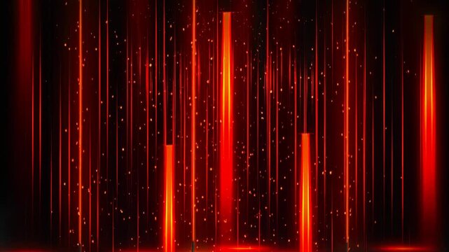 Abstract glowing red vertical light streaks with sparkling particles on black background digital art