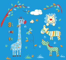 Fototapeta premium Cute safari animal friends under the tree with bright blue background, zebra lion giraffe vector for children screen printing.