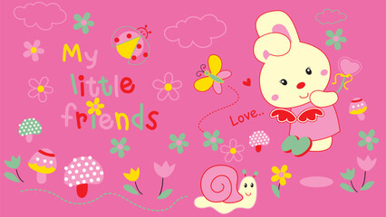 Cute fairy bunny with ladybug and snail in the spring flower field, sweet garden vector illustration for baby girls fashion. © Newhappy