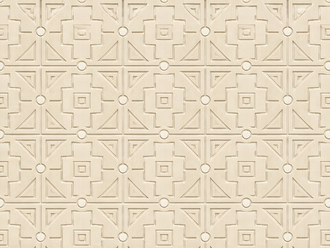 Geometric relief pattern with squares, triangles, and circles in a repeating design