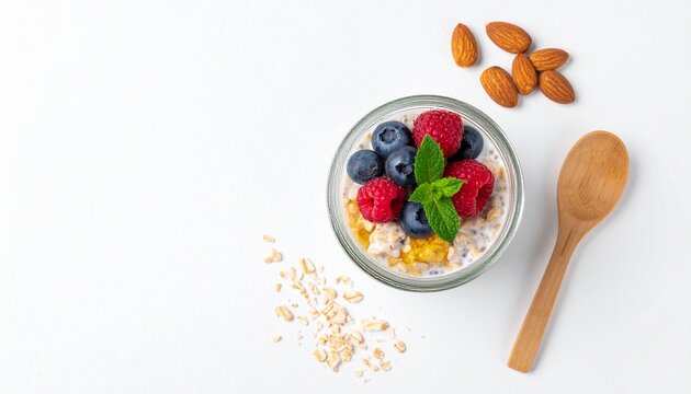 Clean flat lay of high-protein overnight oats jar with Greek yogurt, chia seeds, berries, and almonds on white.