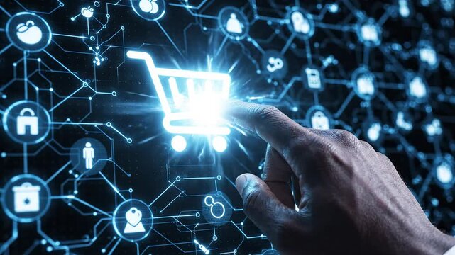 Hand interacting with digital shopping cart icon highlighting artificial intelligence and digital evolution