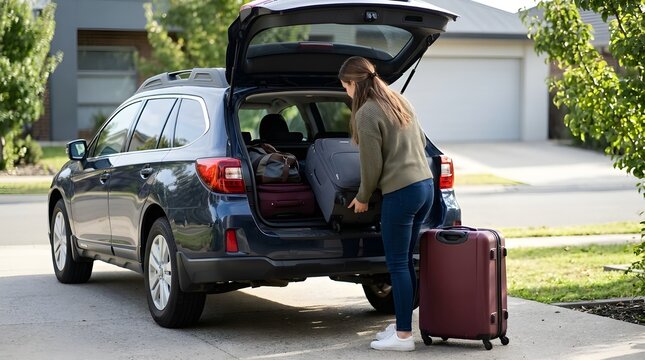 A woman loading suitcases into the trunk of a parked SUV at a suburban home carport, preparing for a joyful family road trip, holiday adventure, and summer vacation.