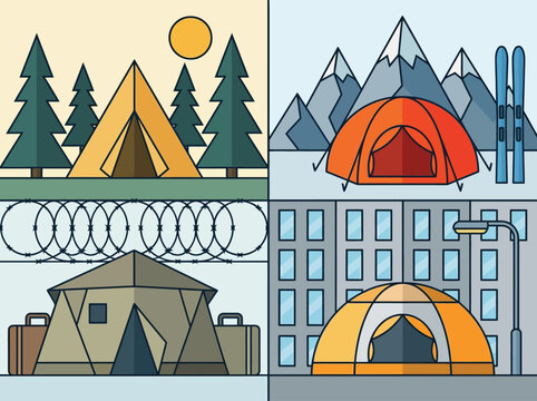 Conceptual Set of Tents in Four Contexts: Recreation, Winter Adventure, Refugee Camp, and Urban Homelessness Vector Illustration