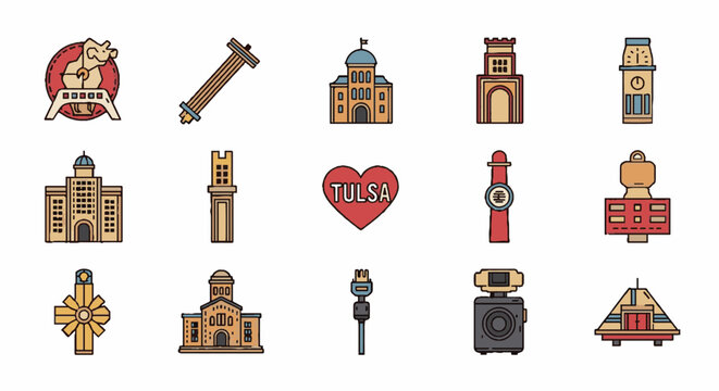 Colorful Tulsa Oklahoma Icons Representing Landmarks and Symbols.