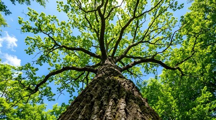 Fototapeta premium Low Angle View of Majestic Tree Canopy Reaching Toward Blue Sky