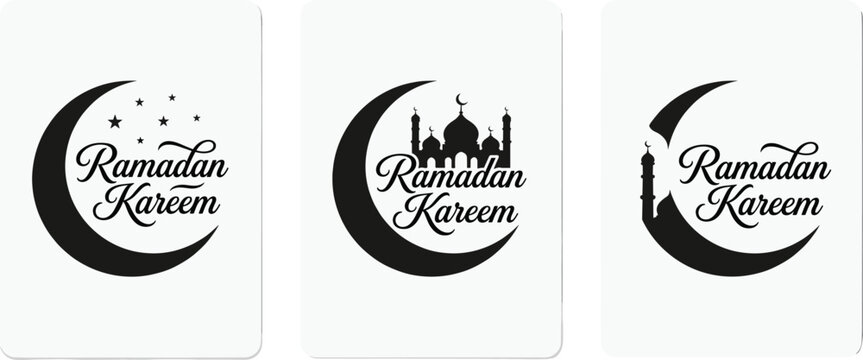 Minimalist black and white Ramadan Kareem greeting card templates set featuring crescent moon stars mosque and minaret silhouettes