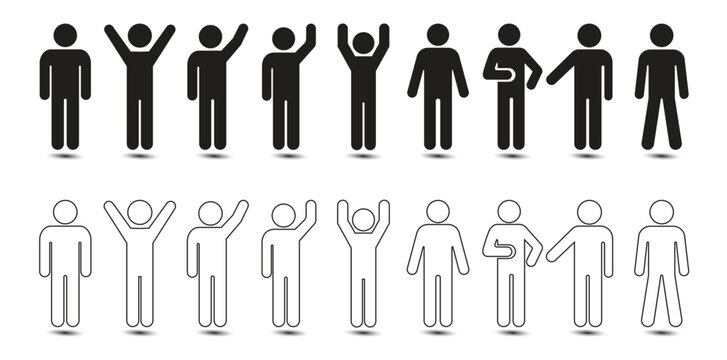 Stick figures with human pictogram and various hand gestures and body language. 18 black stickman icons representing various emotions including outline. vector illustration.