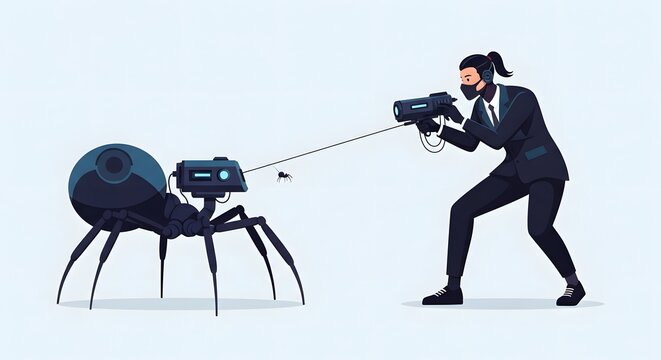 Covert agent in a black suit aiming a high-tech laser weapon at a formidable multi-legged spy robot, depicting a tense futuristic confrontation