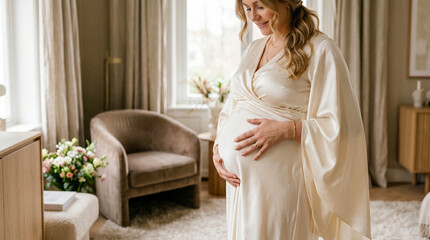 Fototapeta premium Beautiful Pregnant Woman in Elegant Dress Holding Her Belly.