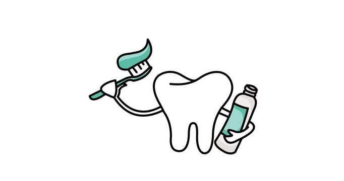 Animated video of white teeth character hugging toothpaste and holding toothbrush