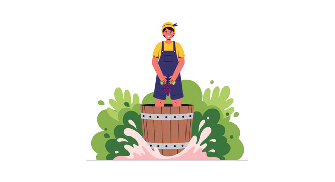 Young man crushing grapes in wooden barrel flat vector illustration