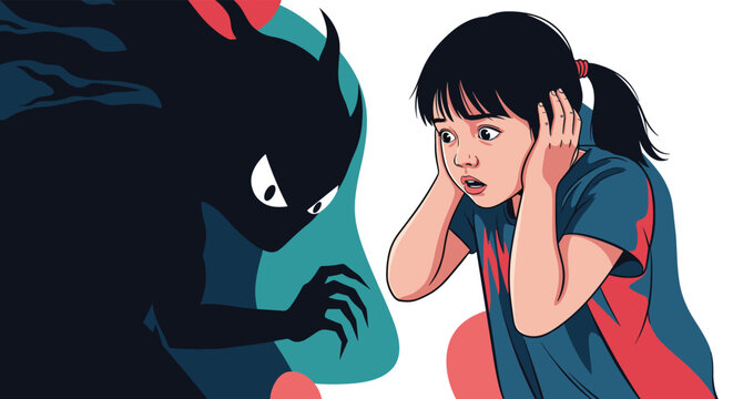 Terrified young girl covering her ears as a dark and scary shadowy monster with glowing eyes looms over her in a dark room.
