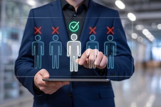 Businessman selecting a candidate for a job position from a group of applicants on a digital interface