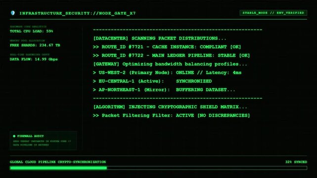 Global Firewall Router Mesh Displaying Deployed Advanced Border Protection Clusters and Traffic Security Scan Status.