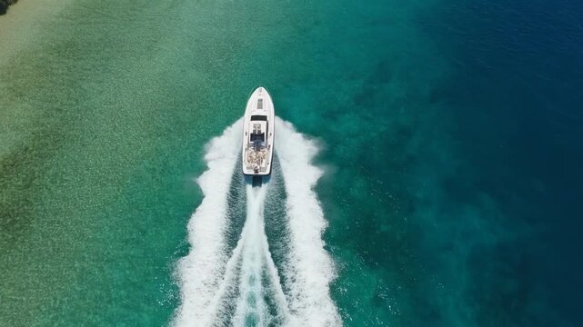 Aerial view of a white motorboat cruising through crystal clear turquoise ocean water 4K Generative AI