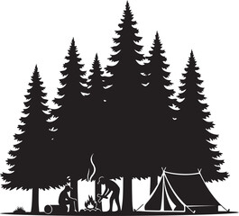 Obraz premium Black silhouette of people camping in forest with trees tent