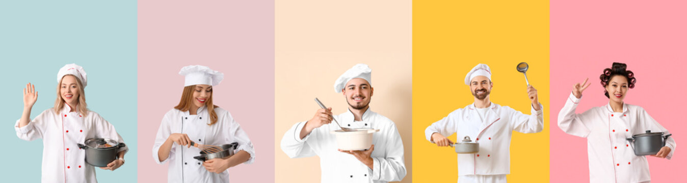 Set of chefs with cooking pots on color background
