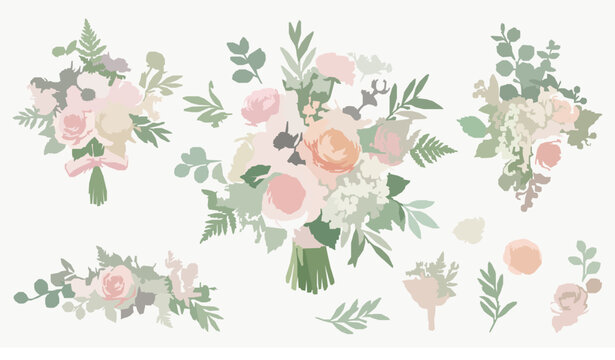 Watercolor floral wedding bouquet vector with roses and hydrangea isolated on white