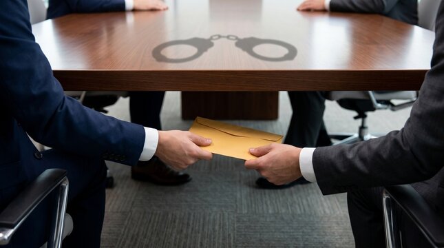 Secret Bribery Exchange Concept with Envelope Under Table and Handcuff Shadow in Business Meeting