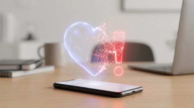 Romance Scam Warning Concept with Smartphone Holographic Heart Breaking into Alert Symbol and Online Dating Fraud