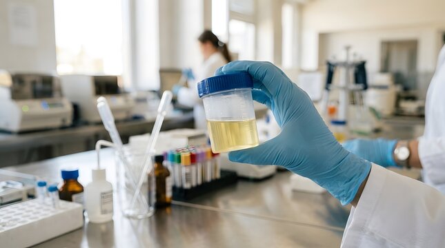 Scientist in blue gloves holding a urine sample in a laboratory for medical testing and analysis.