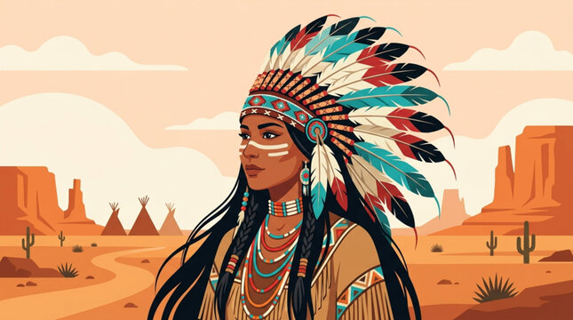Native American Day indigenous woman wearing a colorful feather headdress, against a sweeping desert landscape with mesas and cultural dwellings, reflecting ancient heritage