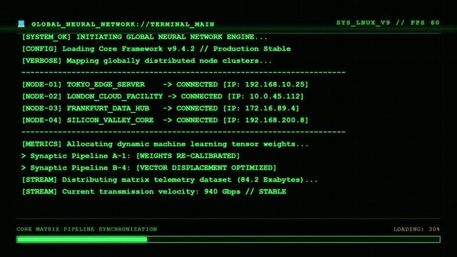 Global Neural Network Main Terminal Screen Displaying Machine Learning Tensor Weights Allocation and Core Matrix Pipeline Synchronization.