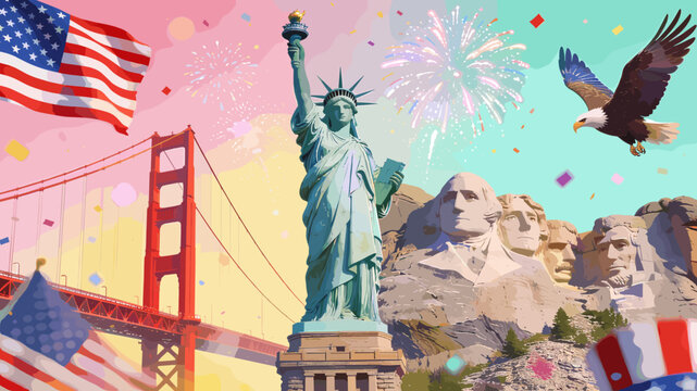 Iconic American Landmarks and Symbols Collage Featuring the Statue of Liberty, Golden Gate Bridge, Mount Rushmore, and an Eagle Under Fireworks.