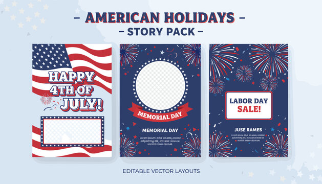 American Holidays Story Pack featuring 4th of July, Memorial Day, and Labor Day designs with fireworks and patriotic elements.