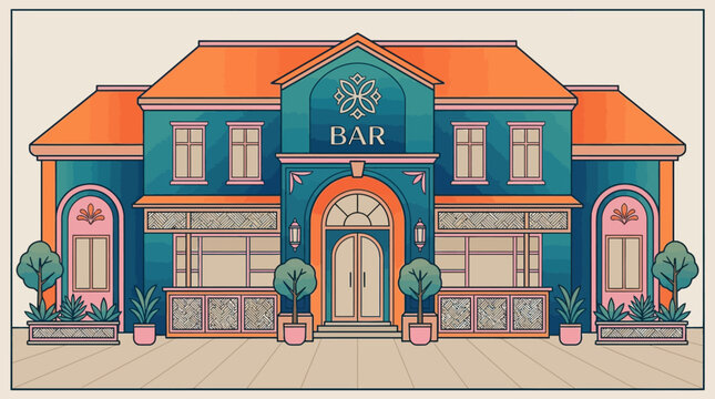 Modern Flat Vector Illustration of a Stylish Bar Restaurant Building Facade with Art Deco Elements and Vibrant Colors