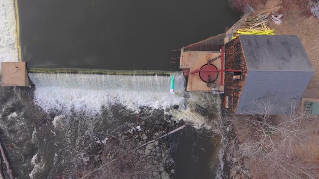 Aerial view featuring the Cocheco River at the South New Hampshire Hydro Plant in Dover, New Hampshire