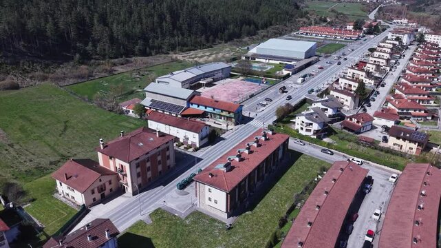 4K 60fps drone pull out shot of albergue in Zubiri on Camino Frances