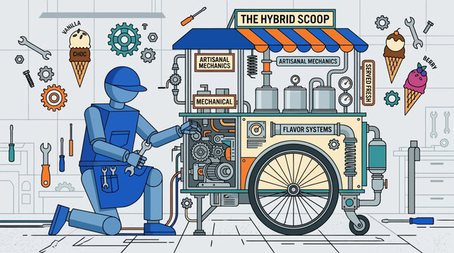 Robot Mechanic Repairing Conceptual Hybrid Ice Cream Cart and Flavor Systems Illustration