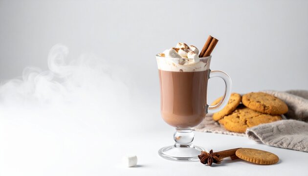 Hot chocolate with marshmallows and cinnamon sticks in a cozy cup